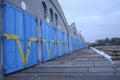 Subway car shed: empty tracks and wooden gates of the maintenance hall Royalty Free Stock Photo