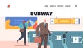 Subway Landing Page Template. People Going Through Turnstile, Male and Female Passengers Scan Train Tickets at Gate