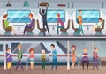 Subway. People waiting train in urban metro underground platform vector background