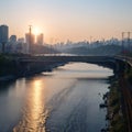 Subway running over the Jamsil Railway Bridge over the Han River made with Generative AI