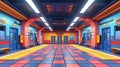 Subway station, flat design, front view, underground theme, 3D render, split-complementary color scheme