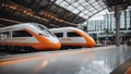 subway station A high-speed train from China that arrives at a modern railway station. The train is white and orange Royalty Free Stock Photo