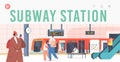 Subway Station Landing Page Template. People on Platform with Train, Escalator, Map and Digital Display. Public Metro Royalty Free Stock Photo