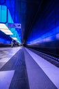 Subway station with light blue lights at University on the Speicherstadt area in Hamburg. Royalty Free Stock Photo