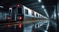 Subway train arriving at dark underground station platform with reflections Royalty Free Stock Photo