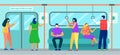 Subway train with man woman character while coronavirus, virus, vector illustration. People passenger in face mask