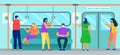 Subway train with man woman character while coronavirus, virus, vector illustration. People passenger in face mask
