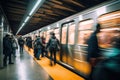subway train in motion with crowd of people on platform, encapsulating urban rush hour dynamics Royalty Free Stock Photo