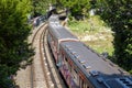 Subway train moves in summer outdoor, Athens, Greece