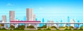 Subway Train Over Modern City Panorama With High Skyscrapers, Cityscape Background Horizontal Banner