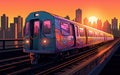 Subway train painted in graffiti on the tracks with New York city in background at sunset. Generative Ai illustration