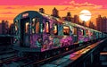 Subway train painted in graffiti on the tracks with New York city in background at sunset. Generative Ai illustration