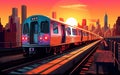 Subway train painted in graffiti on the tracks with New York city in background at sunset. Generative Ai illustration