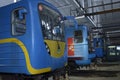 subway trains parked on pits for technical inspection. Subway car shed, maintenance hall