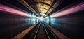 Subway tunnel with blurred light tracks with arriving train in the opposite direction. Generative AI Royalty Free Stock Photo