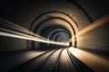 Subway tunnel with blurred light tracks with arriving train in the opposite direction. Royalty Free Stock Photo