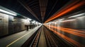 Subway tunnel with blurred light tracks with arriving train in the opposite direction. Generative AI Royalty Free Stock Photo