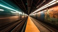 Subway tunnel with blurred light tracks with arriving train in the opposite direction. Generative AI Royalty Free Stock Photo