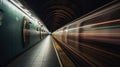 Subway tunnel with blurred light tracks with arriving train in the opposite direction. Generative AI Royalty Free Stock Photo