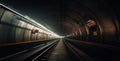 Subway tunnel with blurred light tracks with arriving train in the opposite direction, Generative AI Royalty Free Stock Photo