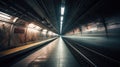 Subway tunnel with blurred light tracks with arriving train in the opposite direction, Generative AI Royalty Free Stock Photo