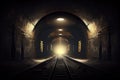 subway tunnel with flickering lights, creating a spooky atmosphere