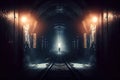 subway tunnel with flickering lights, creating a spooky atmosphere