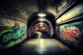 subway tunnel, with graffiti art and tags on the walls