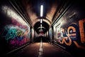 subway tunnel, with graffiti art and tags on the walls