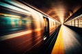 subway tunnel, with view of subway cars passing by in blur, during rush hour Royalty Free Stock Photo