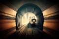 subway tunnel, with view of train approaching, rush hour bustle visible in the background Royalty Free Stock Photo