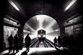 subway tunnel, with view of train approaching, rush hour bustle visible in the background Royalty Free Stock Photo