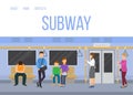 Subway underground train car interior with commuting passengers sitting standing vector illustration. Subway web