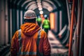 subway worker in a tunnel wearing a reflective jacket and a safety helmet illustration Generative AI