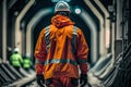 subway worker in a tunnel wearing a reflective jacket and a safety helmet illustration Generative AI