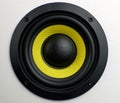 Subwoofer audio speakers. Subwoofer dynamic membrane or sound speaker. Yellow subwoofer