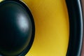 Subwoofer dynamic membrane or sound speaker as music background, yellow Hi-Fi loudspeaker close up Royalty Free Stock Photo