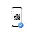Succesful payment with barcode. QR code scanning. Mobile scans QR code. Read bar code, coding. Icon recognition or reading qr code