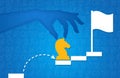 Success and achieving dreams. Person moving chess knight up ladder on blue background, creative illustration