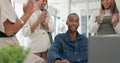 Success, applause and black man with proposal in office at startup business with proud team. Congratulations, cheering Royalty Free Stock Photo