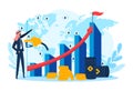 Success arab character, arabic oil business growth for arabian businessman, vector illustration. Adult people near gas