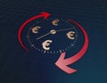 Success arrow and clock, euro currency symbol, accumulation of time and appreciation of wealth, time is money