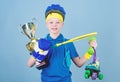Success and award. Success in sport. Proud of achieved success. Succeed in everything. Athlete successful boy sport Royalty Free Stock Photo