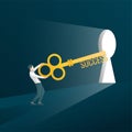 Success in business concept with businessman holding the key to unlock symbol. Flat vector illustration