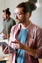 Success business man with tablet, analytics and developer for startup business website IT software