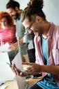 Success business man with tablet, analytics and developer for startup business website IT software