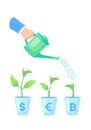 Success business symbol - hand with can watering pot plants. Choice between currencies dollar euro bitcoin. Financial