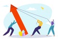 Success business teamwork with arrow, vector illustration, flat tiny man people character lift up finance profit graph