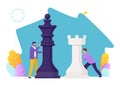 Success business teamwork strategy, employee character push chess piece, successful firm flat vector illustration