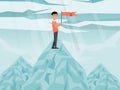 Success business work, character male hold red flag ascent mountain, flat vector illustration. Get promotion work